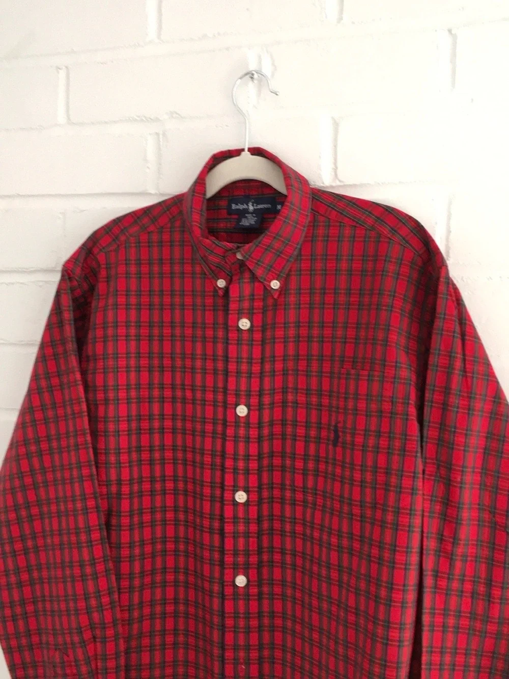 Boys Size M Ralph Lauren Red/Navy Blue Plaid Button-Down Holiday Christmas Shirt